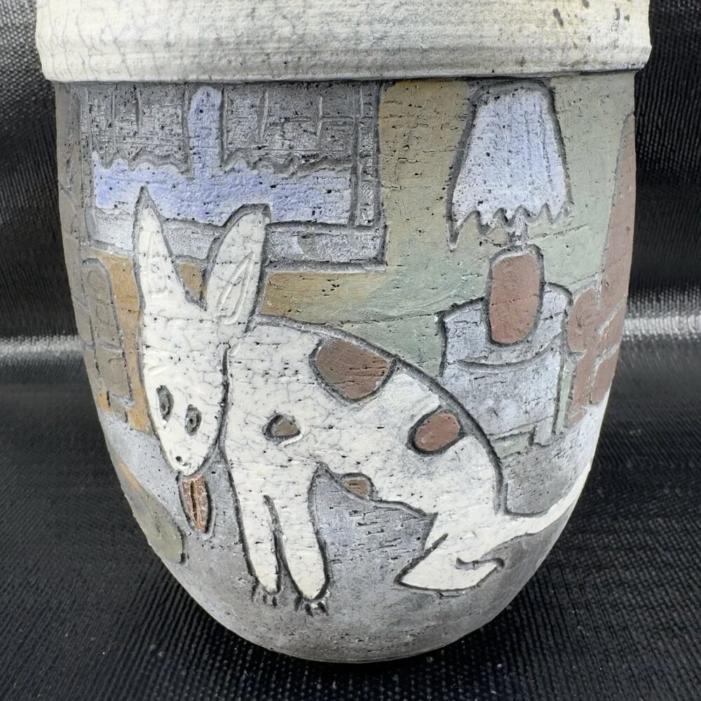 Vintage Hand Made Raku Pottery Large Vase Vessel Dog‎ Fish Couch Signed READ